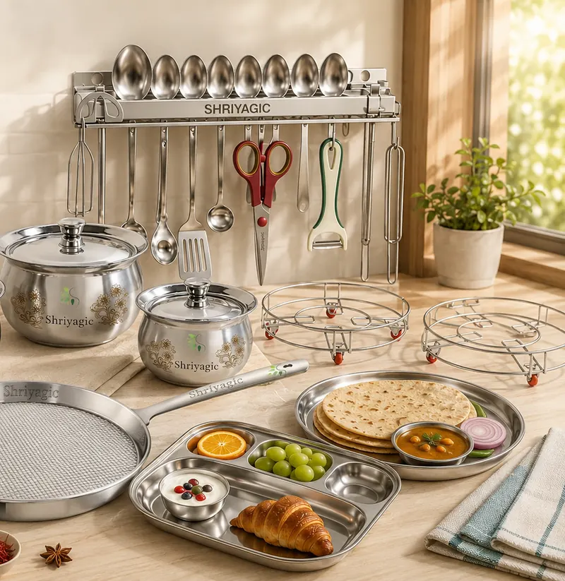 Shriyagic handis and a wall utensil rack in a home kitchen